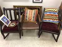 3 antique chairs, Mirror, clock & pillows