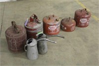 Assorted Gas Cans & (2) Oil Cans
