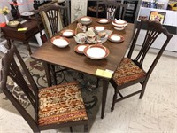 Walnut dining table, 4 chairs, china, & rug
