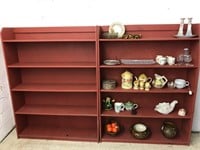Pair of red shelves w/ contents