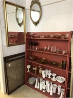 Red shelf full of vintage glass, & Mirrors