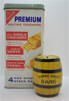 Vintage Saltines Tin & Happy Days Barrel Bank
