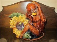 Antique Majolica Monkey Holding Sunflowers