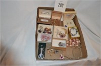 Box of Jewelry - Pins, Cloissone Earrings, misc.