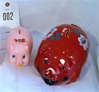 Pink Plastic Piggy Bank, Red Piggy Bank - chipped