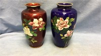Antique Japanese cloisonné enamel rose vases,