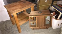 Small pine table in a pine what not shelf, the