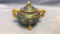 Brass and glass covered pot with decorated