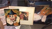 Group framed art including a sampler, clown