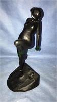 Art deco cast metal nude tiptoeing in a pond with