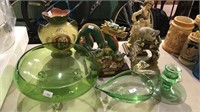Green glass bowl, swan, candlestick and five