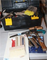 GROUPING TOOL BOX WITH TOOLS SAWS HAMMERS ETC
