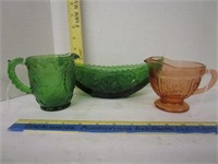 Green & Pink Glass boat & creamers