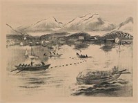 Joe Jones "Boats in Harbor" Lithograph