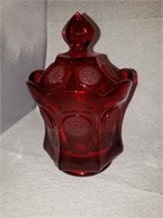 Ruby Red Coin Glass Covered Bowl