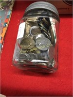 JAR OF FOREIGN MONEY AND COINS