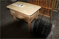WOODEN TABLE DISPLAY W/ (10) METAL BASKETS.