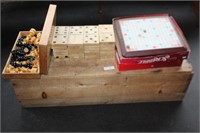GROUPING W/ WOOD CRATE, WOOD DOMINOS, SCRABBLE,