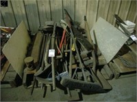 Pallet of assorted brooms, shovels, sledgehammers