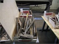 3 boxes of assorted hammers, small vice