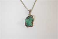 "925" Green Stone Pendant on Unmarked Chain
