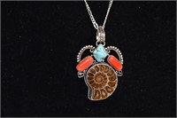 Ammonite, Turquoise, Coral and Sterling Necklace