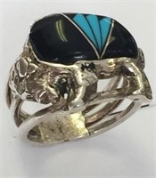 Turquoise Pattern Painted Buffalo Ring Size 4