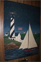 Sailboat tapestry, wrought iron plant stand and