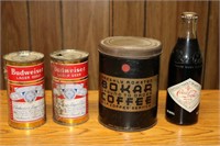 Old Budweiser cans, Bokar Coffee tin and a 125