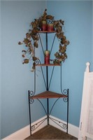 Wrought iron and wood shelving corner unit with