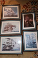 5 framed and matted photos of the tall ships