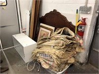 Antique Bed, Burlap bags, and showcase