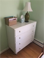 Dresser, lamp, and contents