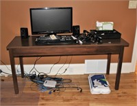 Desk, HP Monitor, keyboard, speakers, etc