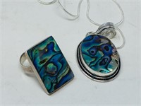 Abalone shell, sterling pendant / chain with ring