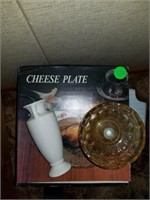 AMBER CANDY DISH AND VASE AND GLASS CHEESE PLATE
