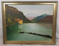 P M Ellis Castle on Lake Original Painting Oil on