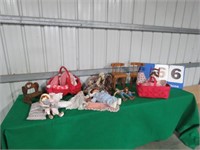 GROUP OF DOLLS & DOLL CHAIRS, PILLOW &  WOOD