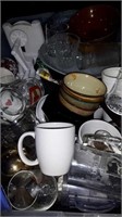 Box of assorted kitchenware mugs glasses bowls