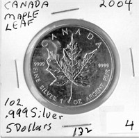 Canadian 2004 .999 1 oz silver maple leaf $5 coin
