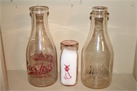 3 milk bottles one Crocker Farms Cortland quart,