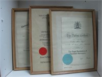 3 WOOD FRAMES with documents / certificates