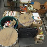 Books, round cardboard containers,
