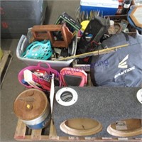 Tote, fishing poles, minnow bucket, can