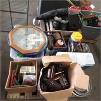 Brown glass jars, license plates, oil cans,