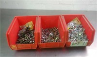 3 red Bins with misc nuts and bolts and lag bolts