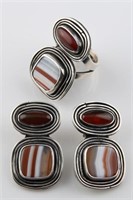 Set of Banded Agate and Agate Earrings and Ring