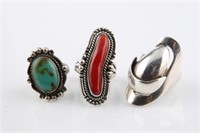 Lot of Three Sterling Silver and Stone Rings