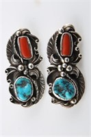 Pair of Sterling Silver, Turquoise, Coral Earrings