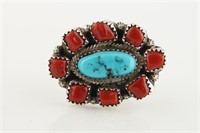 Running Bear Shop, Turquoise, Coral, Sterling Ring